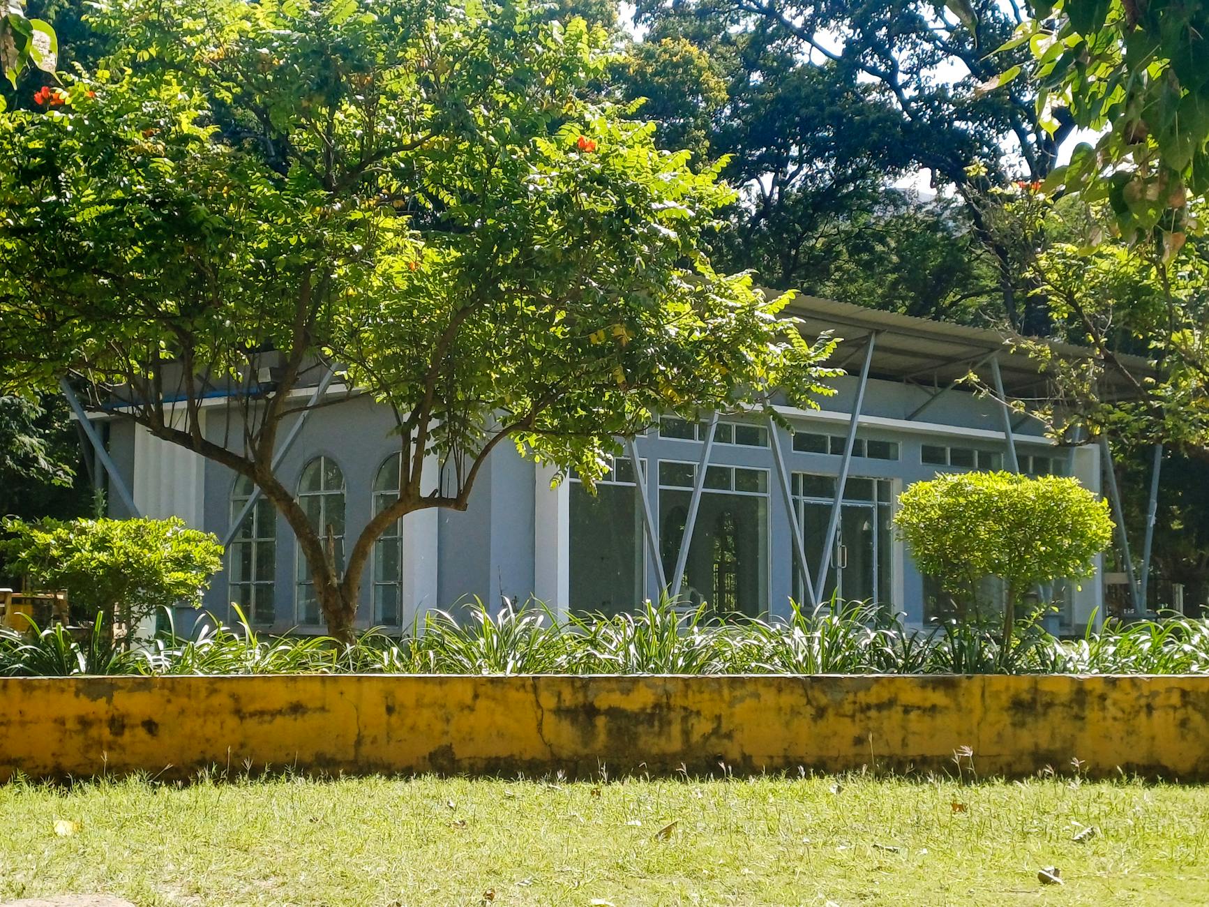 A modern glass building surrounded by lush greenery in Dar es Salaam, Tanzania.